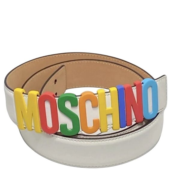 MOSCHINO MULTI-COLOR LOGO PLAQUE LEATHER BELT IN WHITE/MULTI S/M main image 8